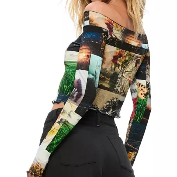 Alice + Olivia Multicolor Floral Patchwork Off-Shoulder Crop Top - Picture 2 of 6